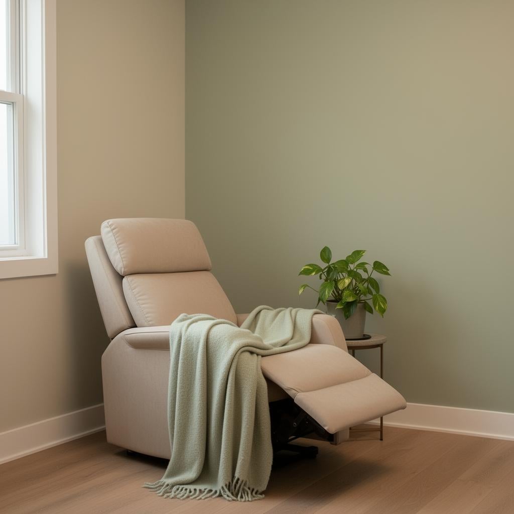 A calm, private ketamine-assisted psychotherapy room with a reclining chair