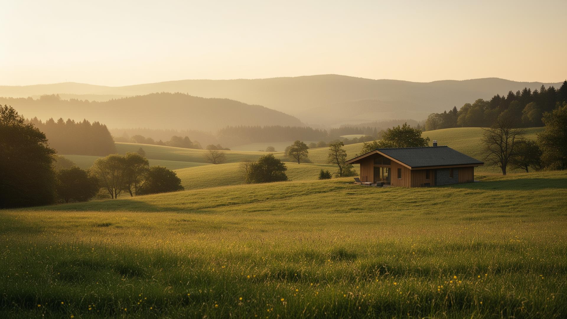 Serene retreat landscape at golden hour with rolling green hills